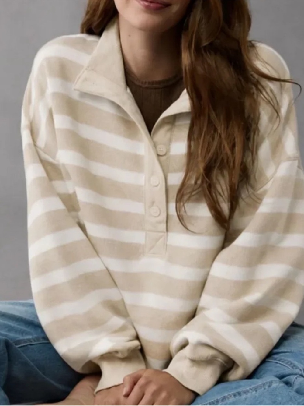 American Eagle Big Hug Fleece Henley Sweatshirt Tan White Stripes